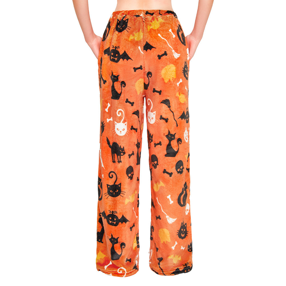 OLAOLA Printed Cat Pumpkin Fuzzy Plush Pajama Pants Drawstring Elastic Waist Wide Leg Lounge Pants Halloween Animals Onesie