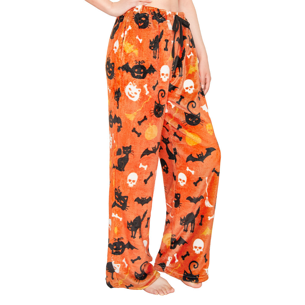 OLAOLA Printed Cat Pumpkin Fuzzy Plush Pajama Pants Drawstring Elastic Waist Wide Leg Lounge Pants Halloween Animals Onesie