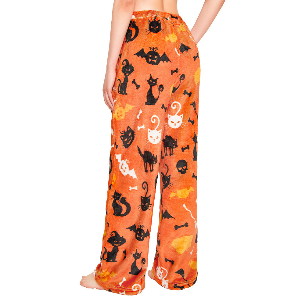 OLAOLA Printed Cat Pumpkin Fuzzy Plush Pajama Pants Drawstring Elastic Waist Wide Leg Lounge Pants Halloween Animals Onesie