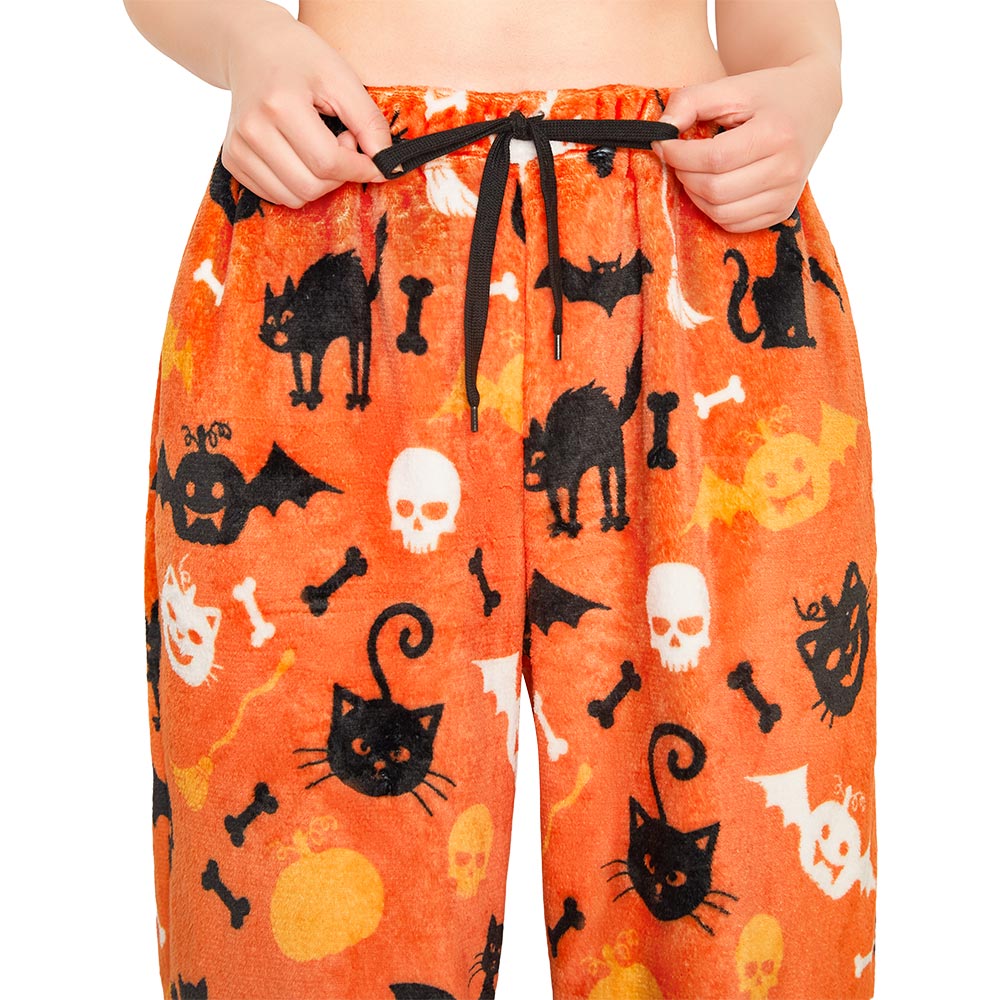 OLAOLA Printed Cat Pumpkin Fuzzy Plush Pajama Pants Drawstring Elastic Waist Wide Leg Lounge Pants Halloween Animals Onesie