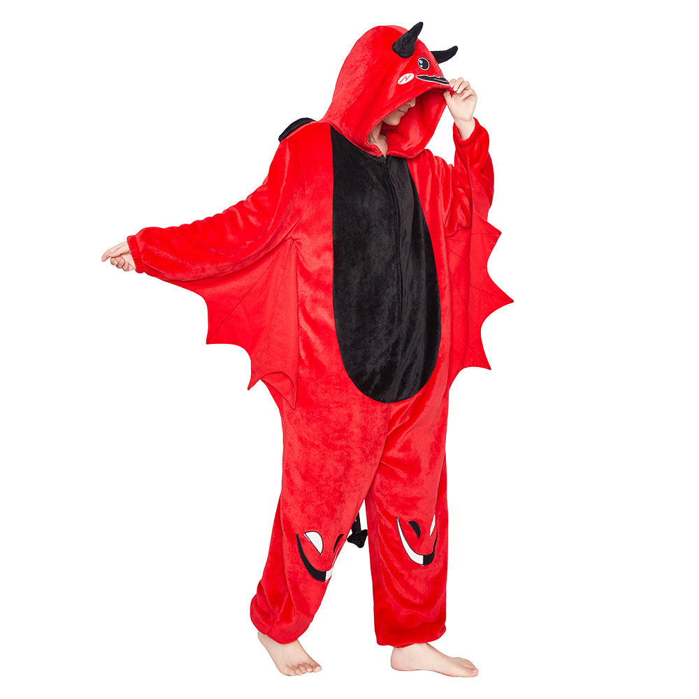 OLAOLA Red Devil Pajamas Animals Onesie Plush Warm Home One Piece Homewear For Adult Halloween Sleepwear Party