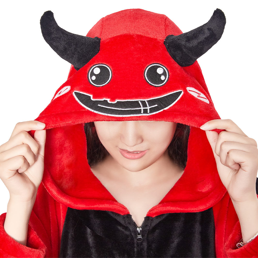 OLAOLA Red Devil Pajamas Animals Onesie Plush Warm Home One Piece Homewear For Adult Halloween Sleepwear Party