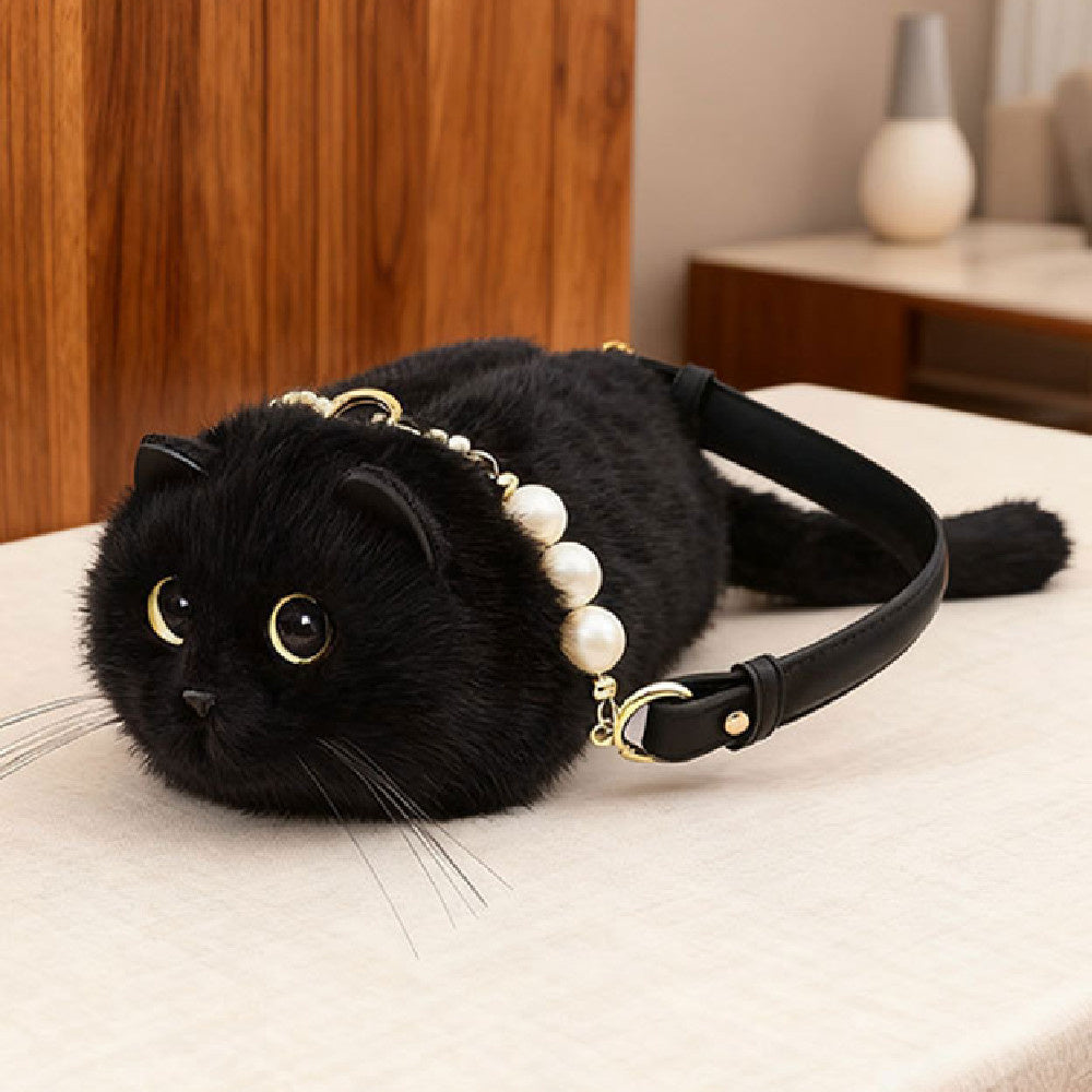 27CM Cute Black Cat Plush Shoulder Bag Kitty Shaped Crossbody Handbag Spacious Design Presents For Cat Lovers