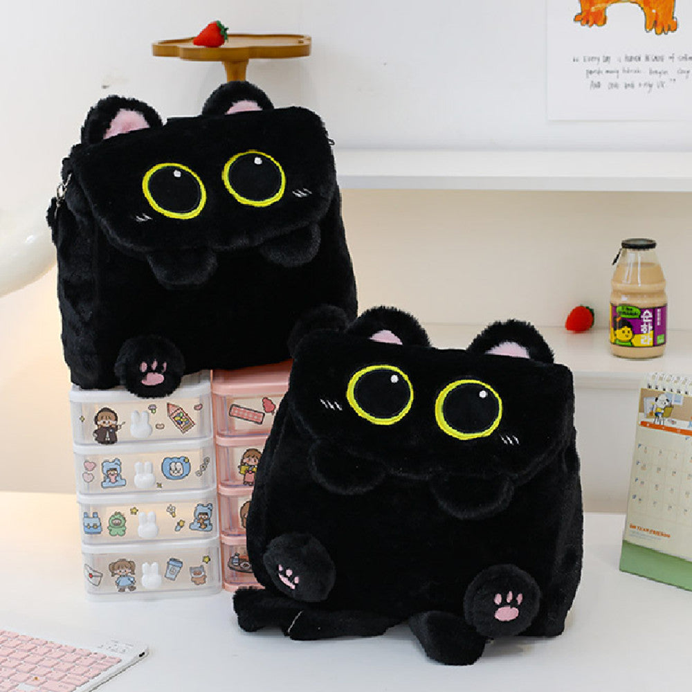 27CM Kawaii Black Cat Plush Backpack Kitty Shoulder Bag Stuffed Animal Cute Cartoon Crossbody Bag For Women Kids