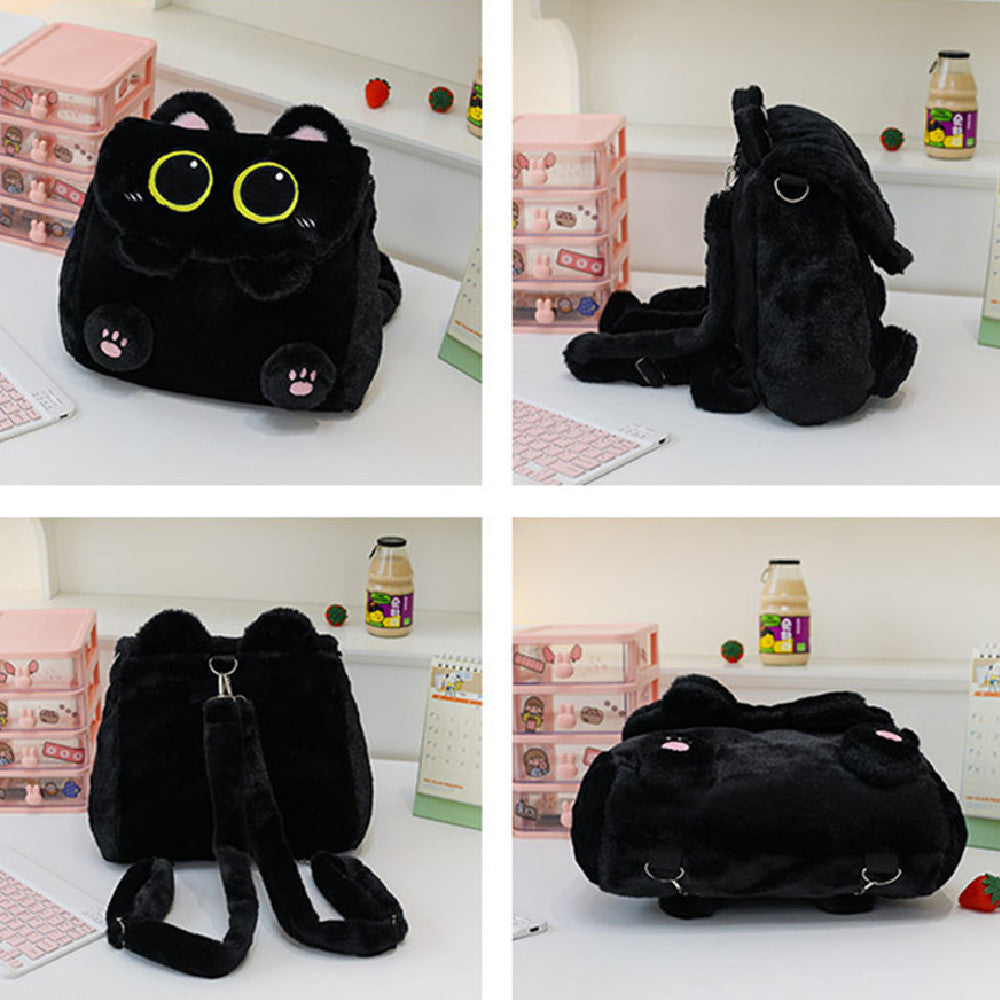 27CM Kawaii Black Cat Plush Backpack Kitty Shoulder Bag Stuffed Animal Cute Cartoon Crossbody Bag For Women Kids