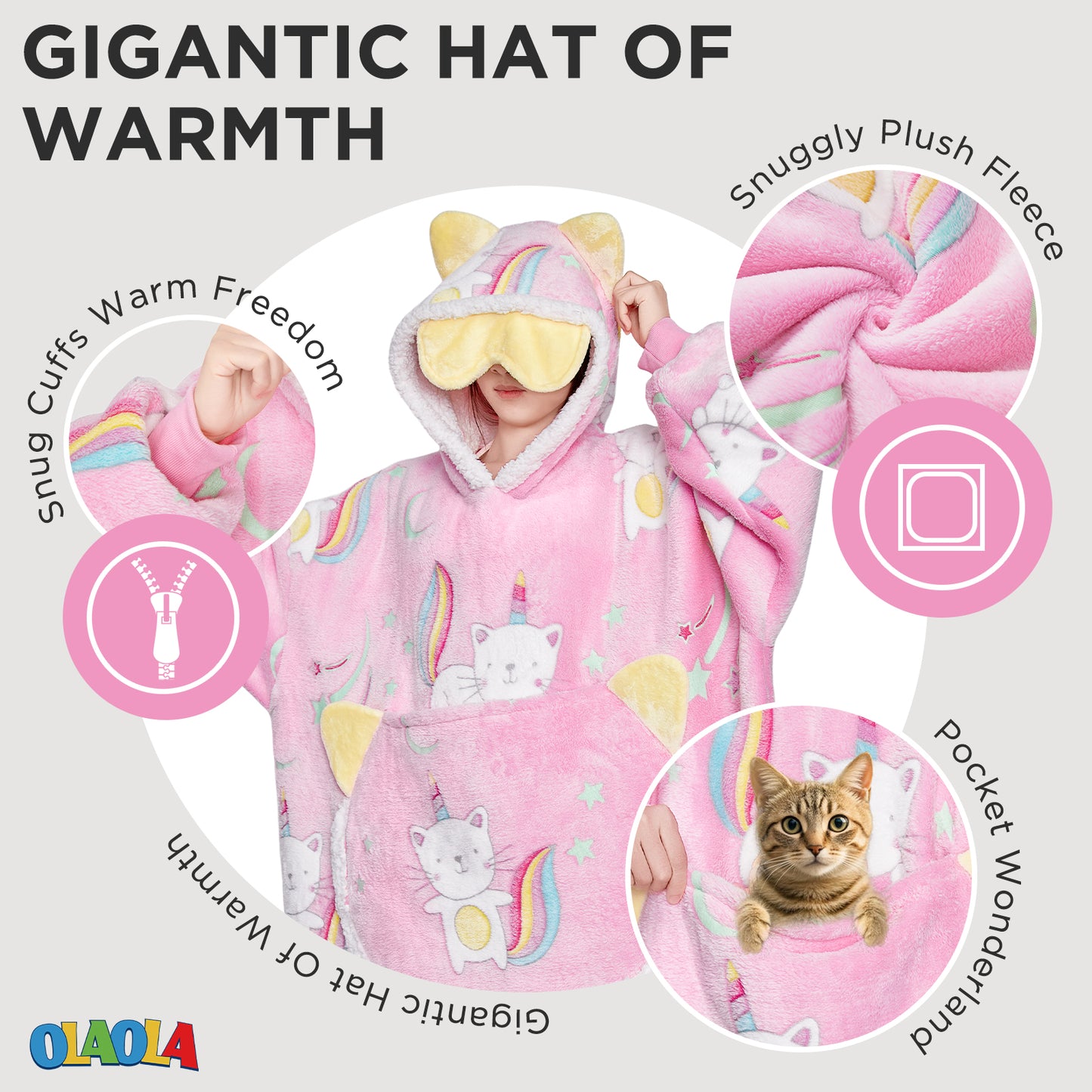 OLAOLA Printed Cat Luminous Glow In The Dark Pink Wearable Hoodie Animals Onesie Oversized Soft Homwear For Adult