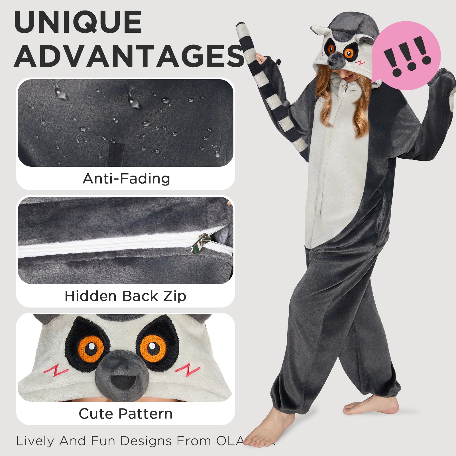 OLAOLA Ring-Tailed Lemur Pajamas Monkey Animals Onesie Plush Warm Home One Piece For Adult Unisex Halloween Costume