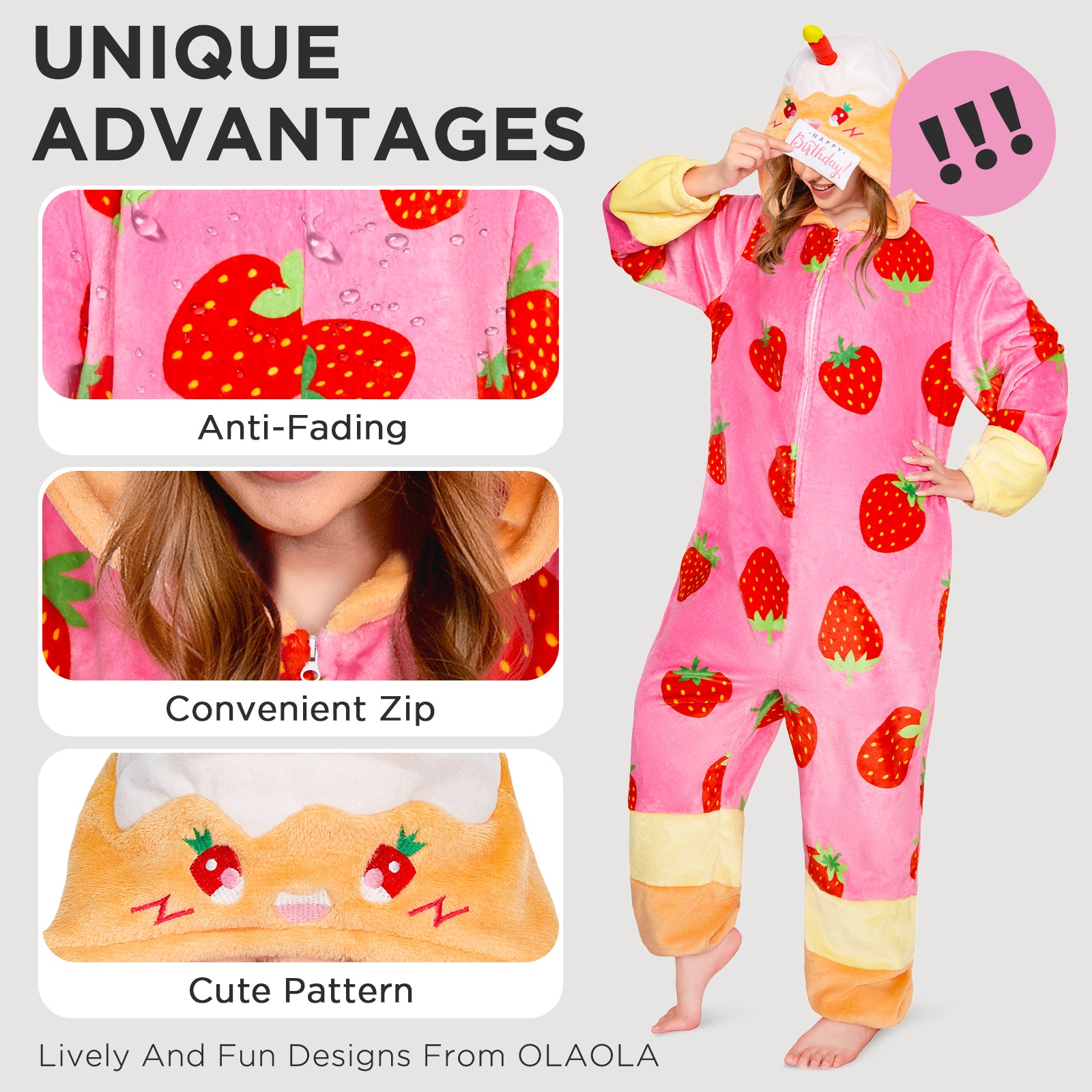 OLAOLA Strawberry Cake Pajamas Food Onesie Plush Warm Home One Piece For Adult Unisex Halloween Costume