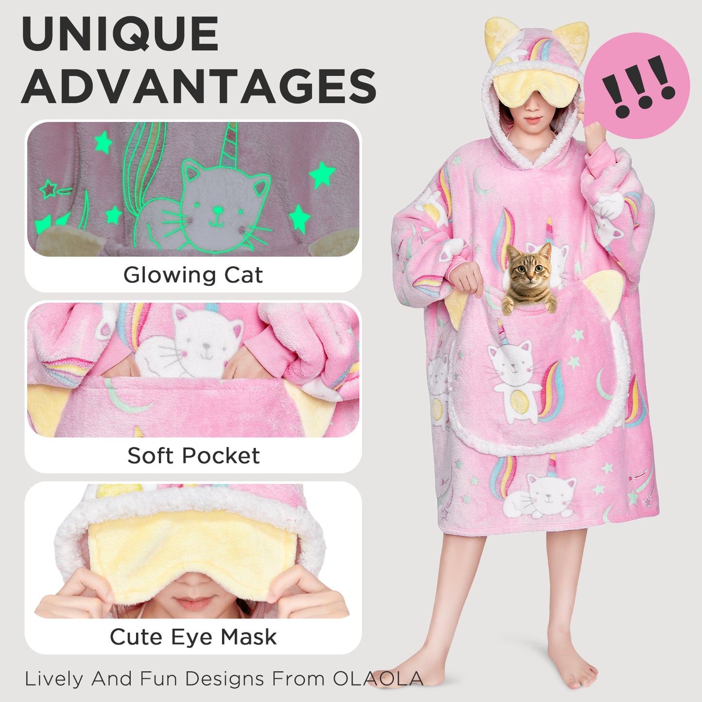 OLAOLA Printed Cat Luminous Glow In The Dark Pink Wearable Hoodie Animals Onesie Oversized Soft Homwear For Adult