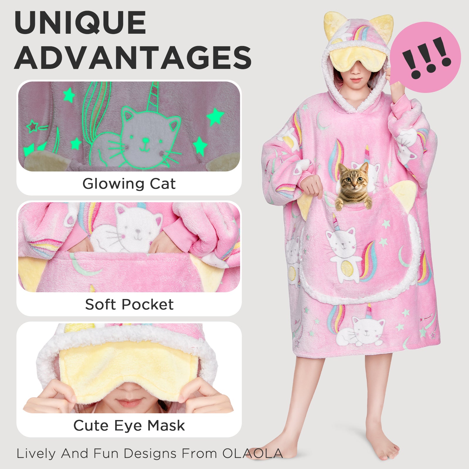 OLAOLA Printed Cat Luminous Glow In The Dark Pink Wearable Hoodie Animals Onesie Oversized Soft Homwear For Adult