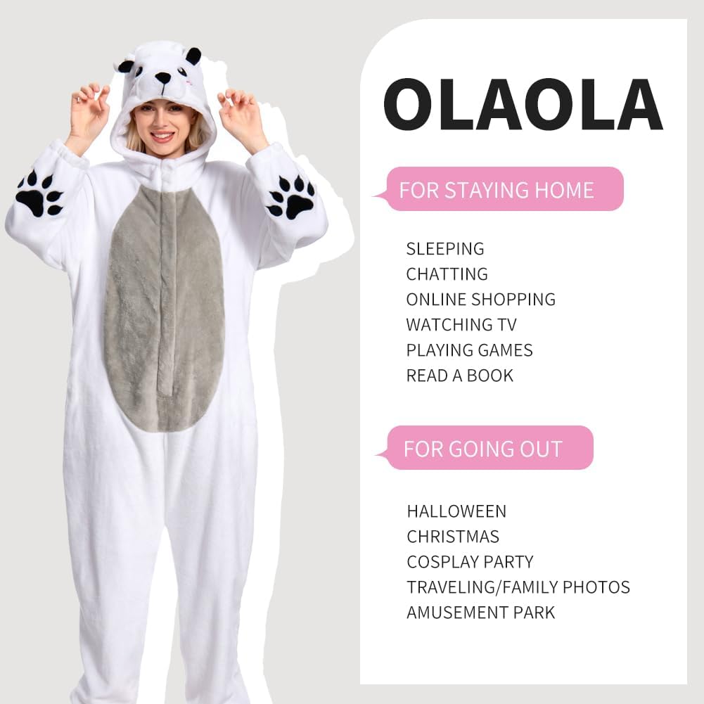 OLAOLA Unisex Adult Plush Polar Bear Animals Onesie Pajamas Warm Home One-Piece Sleepwear