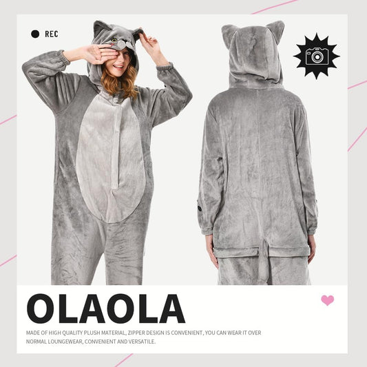 OLAOLA Unisex Adult Plush Cat Animals Onesie Pajamas Warm Home One-Piece Sleepwear