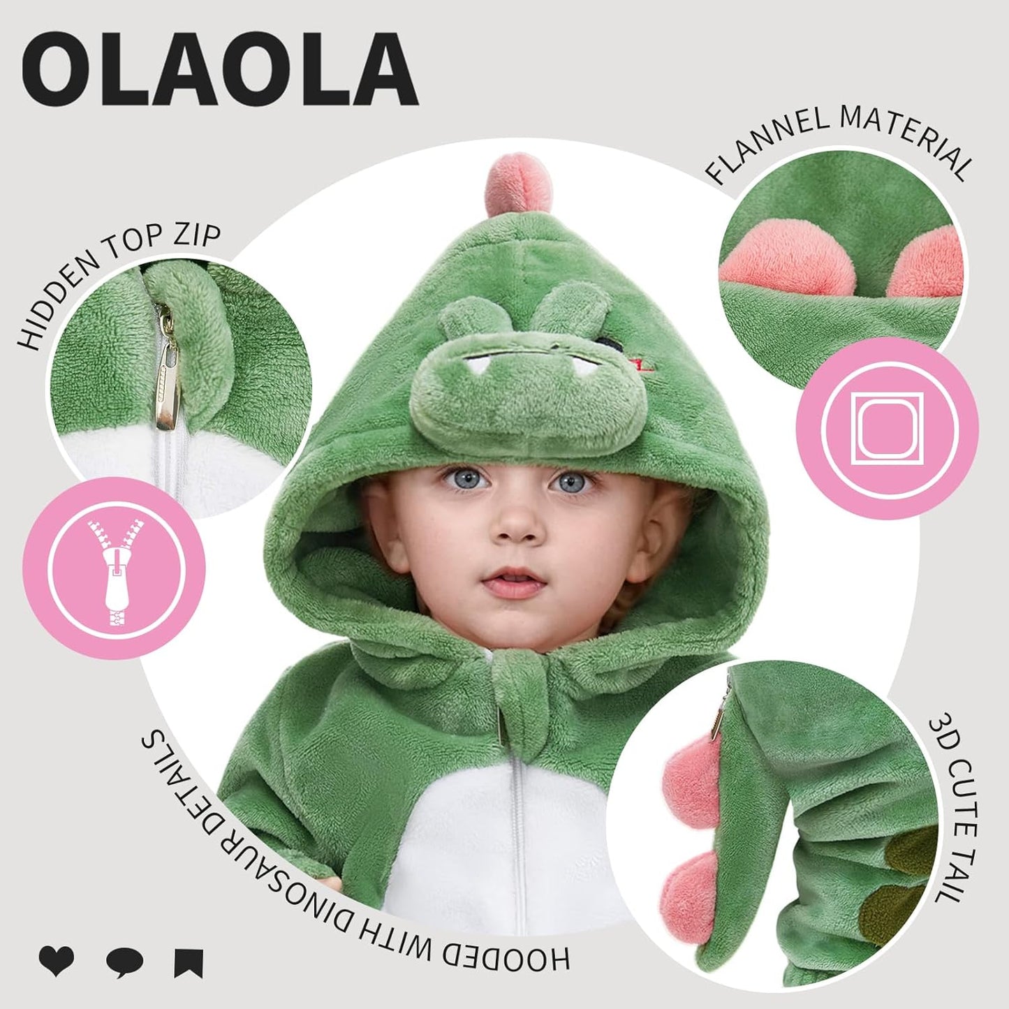 OLAOLA Baby's Dinosaur Animal Onesie Plush Soft Flannel Warm Home Pajamas One-Piece Sleepwear