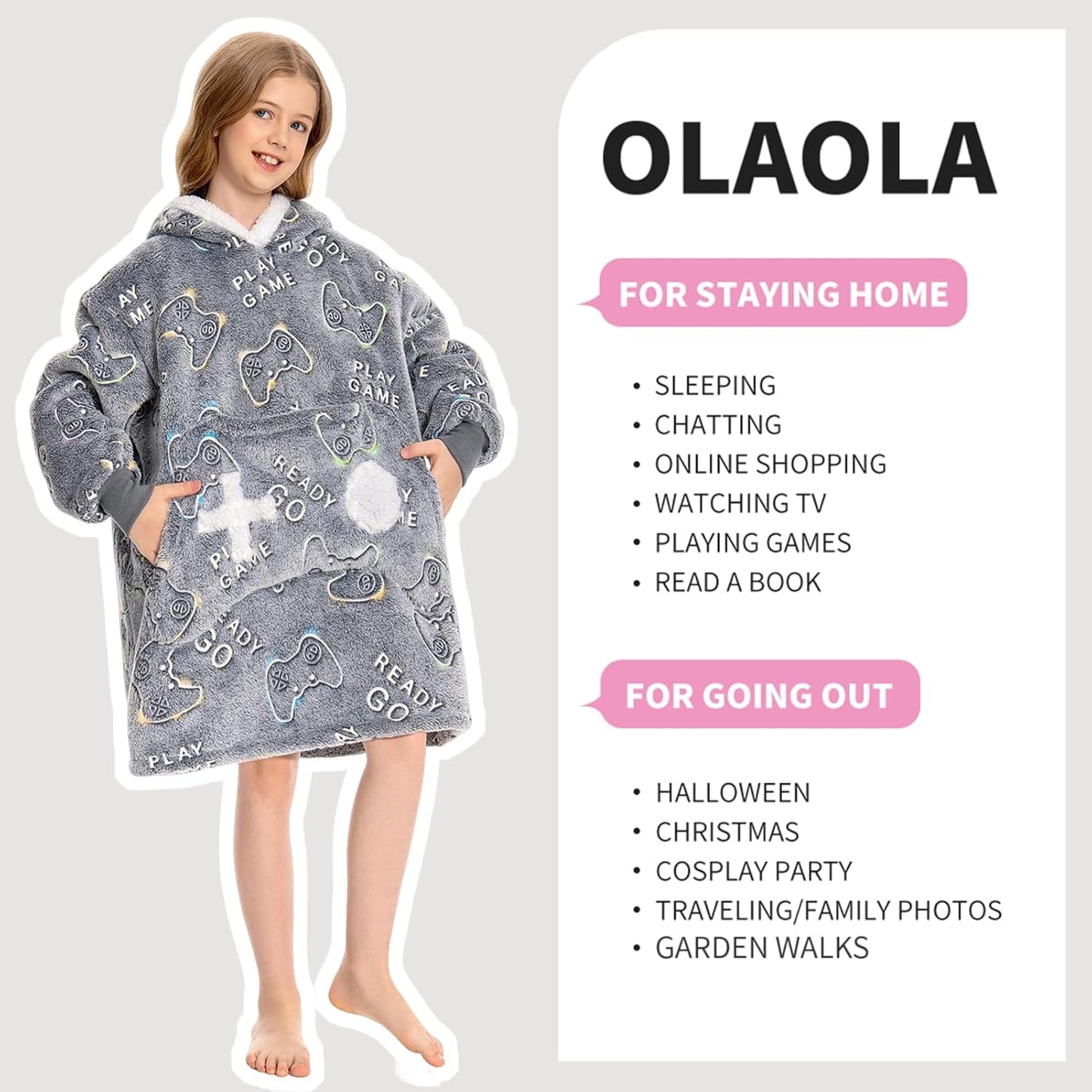 OLAOLA Unisex Adult Kids Plush Game Controller Wearable Blanket Extra Long Hoodie Warm Home One-Piece Sleepwear