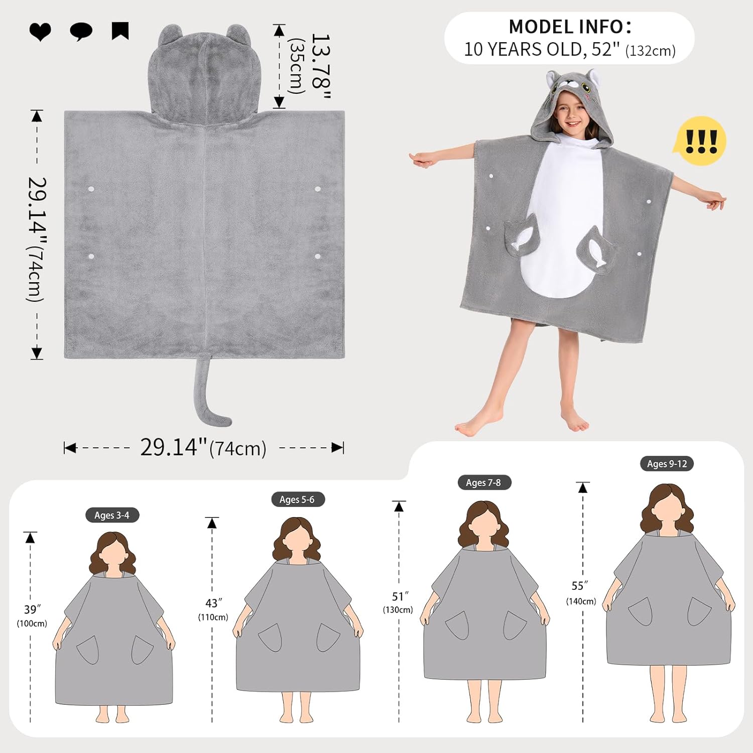 OLAOLA Kids Gray Cat Bathrobe Blanket Animal Onesie Beach Towels Soft Absorbent Coral Fleece Pool Swim Towel