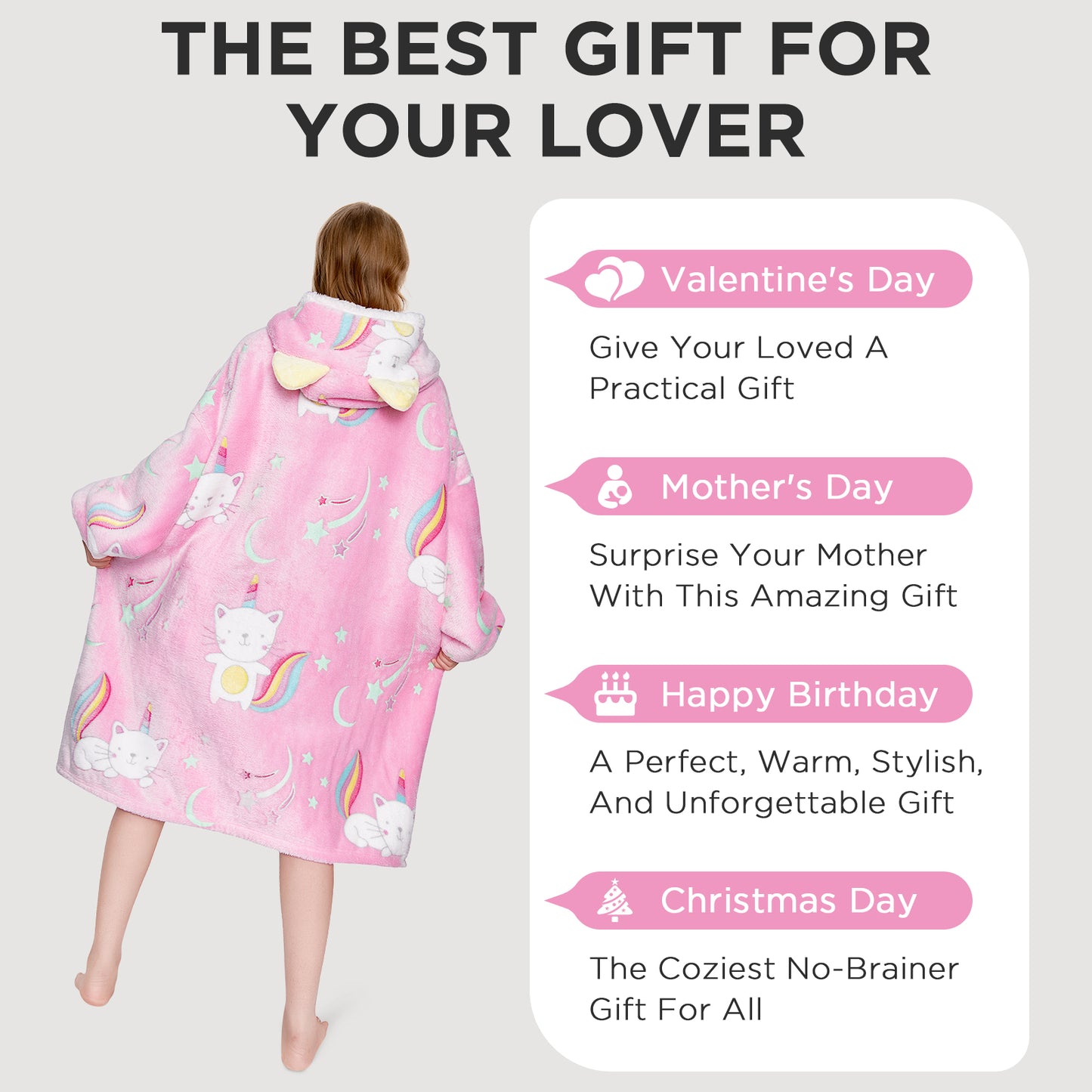 OLAOLA Printed Cat Luminous Glow In The Dark Pink Wearable Hoodie Animals Onesie Oversized Soft Homwear For Adult