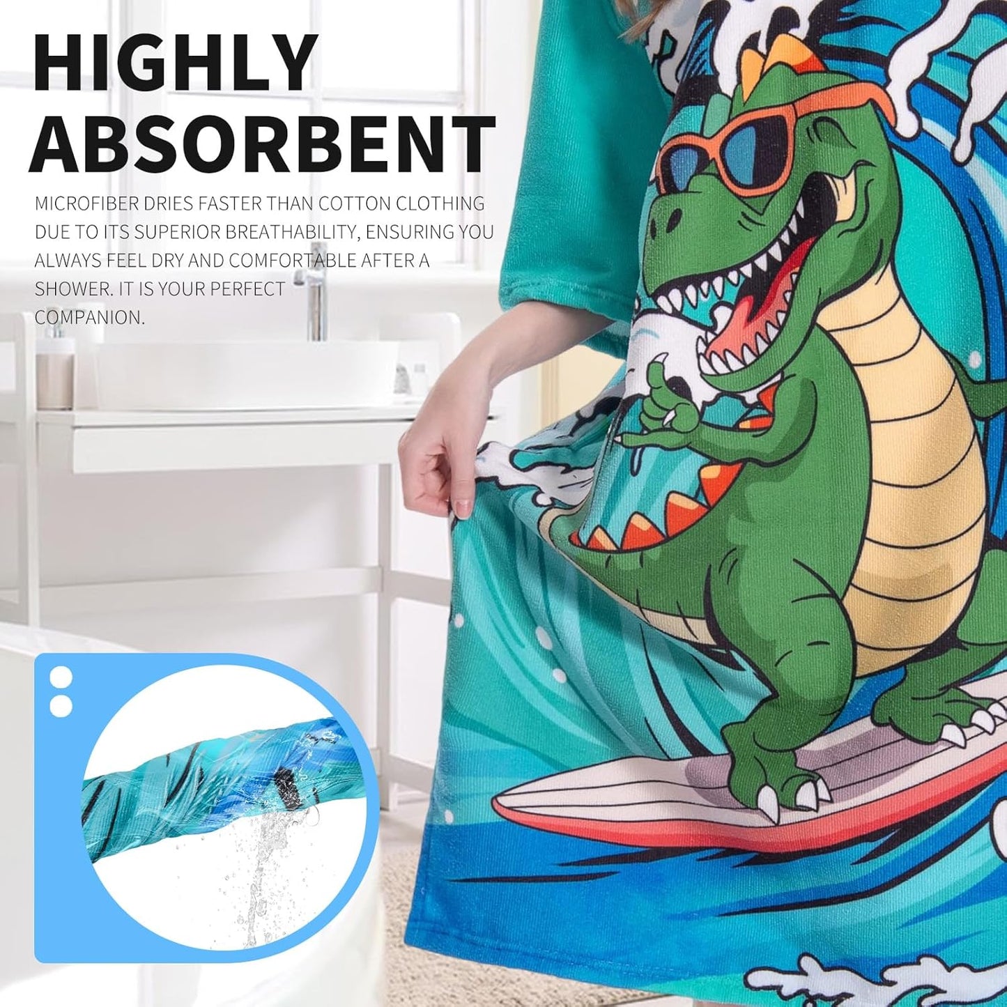 OLAOLA Swim Robe Wave Dinosaur Printed Animals Onesie Beach Towels Quick Dry Terry Cloth Cover-Up Hood Outdoor