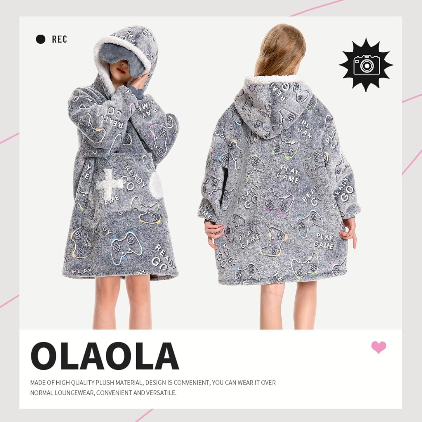 OLAOLA Unisex Adult Kids Plush Game Controller Wearable Blanket Extra Long Hoodie Warm Home One-Piece Sleepwear