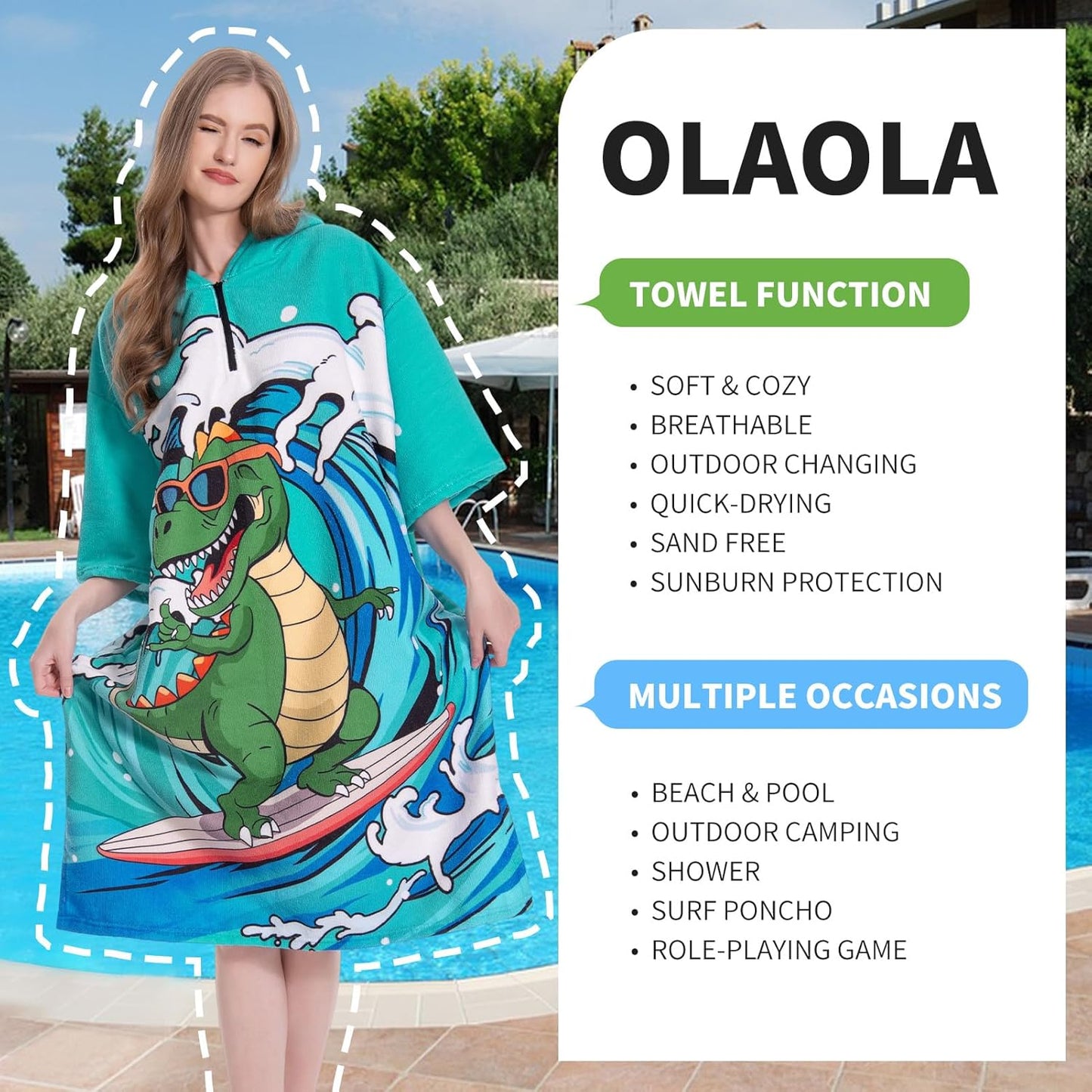 OLAOLA Swim Robe Wave Dinosaur Printed Animals Onesie Beach Towels Quick Dry Terry Cloth Cover-Up Hood Outdoor