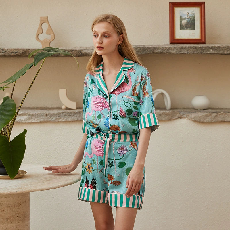Blue Flamingo Silk Pajamas For Women Animal Loungewear Short Sleeve 2 Piece Set Sleepwear Pajamas Christmas Gift