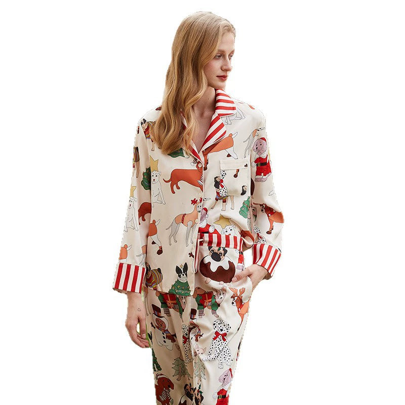 Carton Dog Silk Pajamas For Women Animal Loungewear 2 Piece Set Long Sleeve Sleepwear Pajamas Christmas Gift