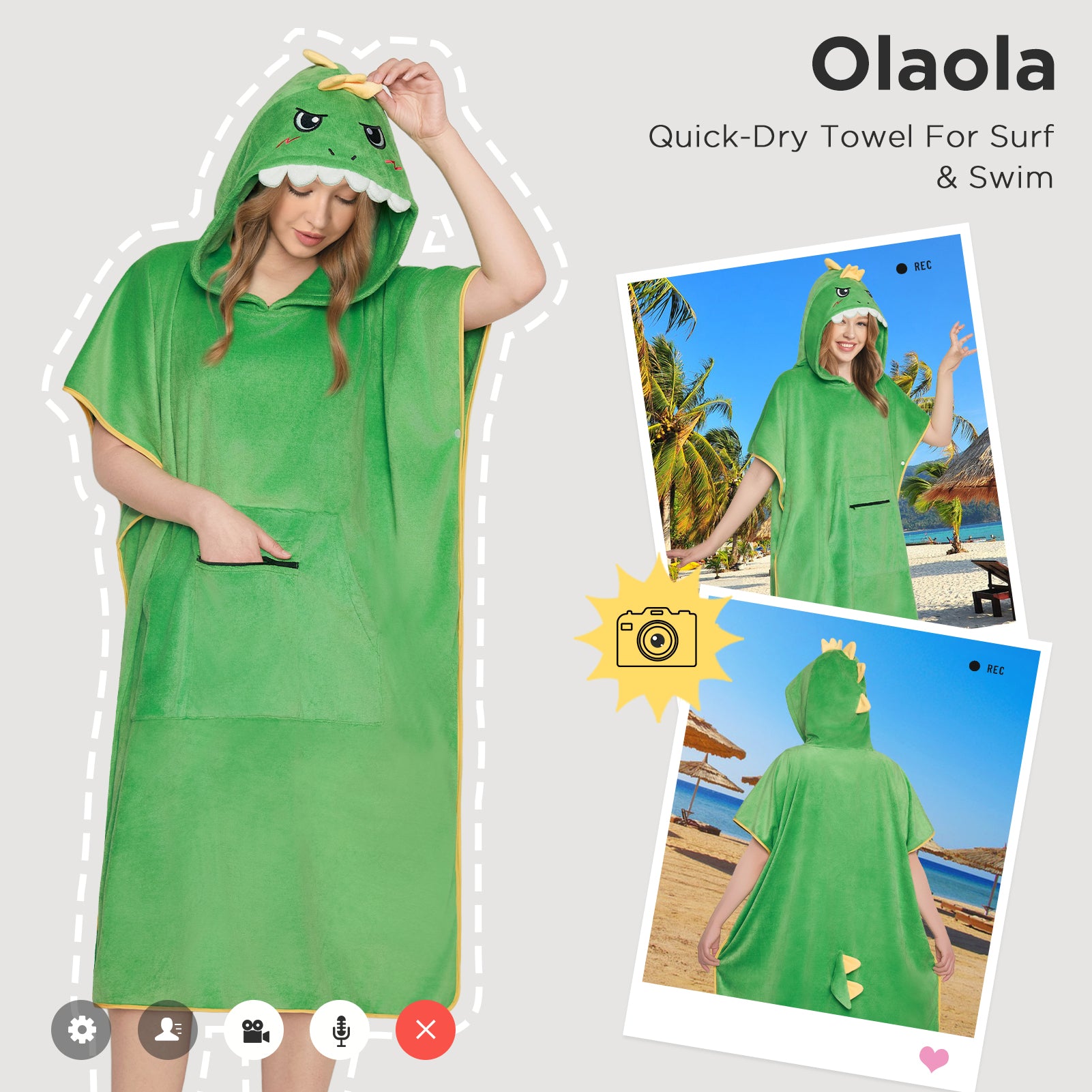 Dinosaur Surf Poncho Changing Towel Swim Robe With Pocket Plus Size Beach Towels Quick Dry Terry Cloth Cover-Up Hood
