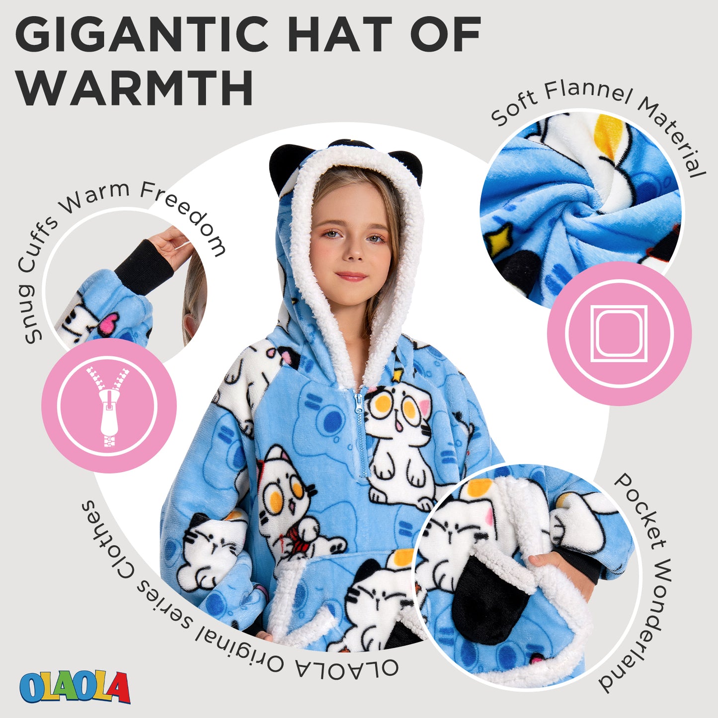 Kids OLAOLA Blue Cat Kawaii Kitty Wearable Blanket Hoodie Food Onesie Oversized Soft Homewear With Giant Pocket