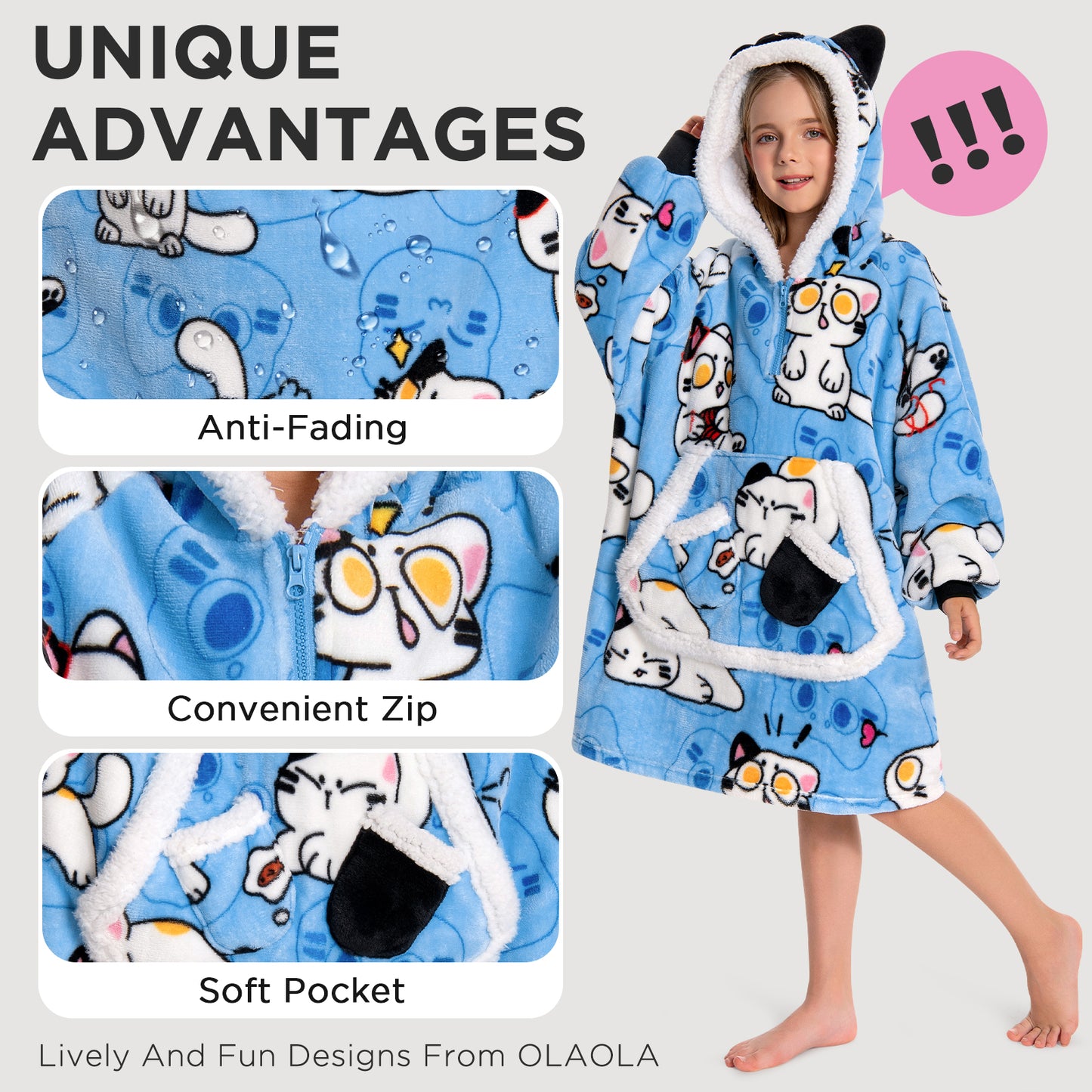 Kids OLAOLA Blue Cat Kawaii Kitty Wearable Blanket Hoodie Food Onesie Oversized Soft Homewear With Giant Pocket