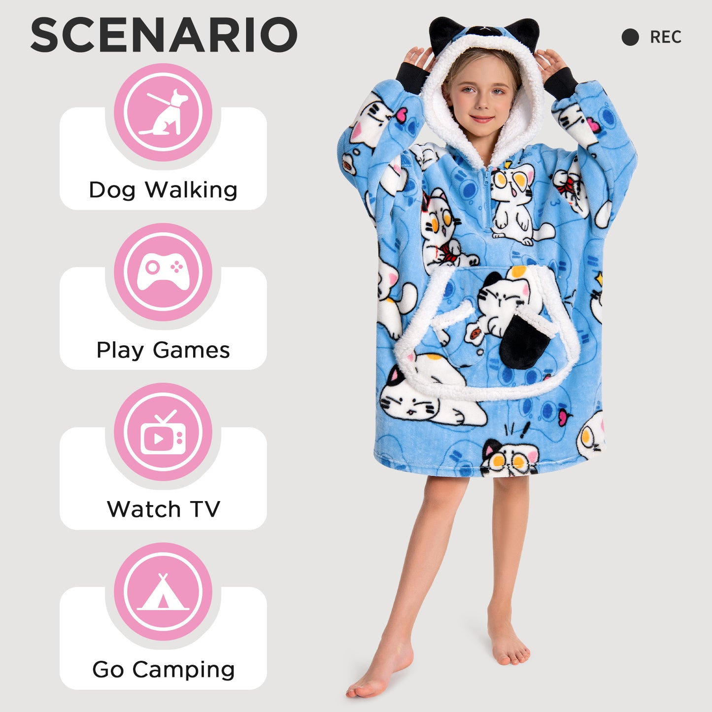 Kids OLAOLA Blue Cat Kawaii Kitty Wearable Blanket Hoodie Food Onesie Oversized Soft Homewear With Giant Pocket