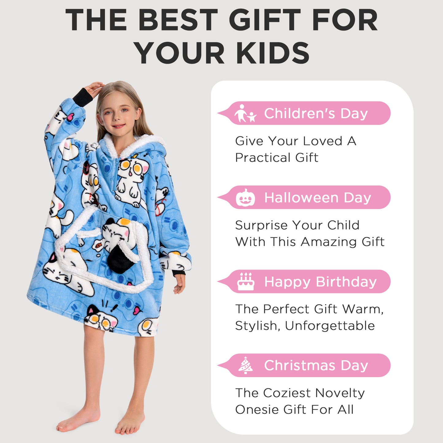 Kids OLAOLA Blue Cat Kawaii Kitty Wearable Blanket Hoodie Food Onesie Oversized Soft Homewear With Giant Pocket