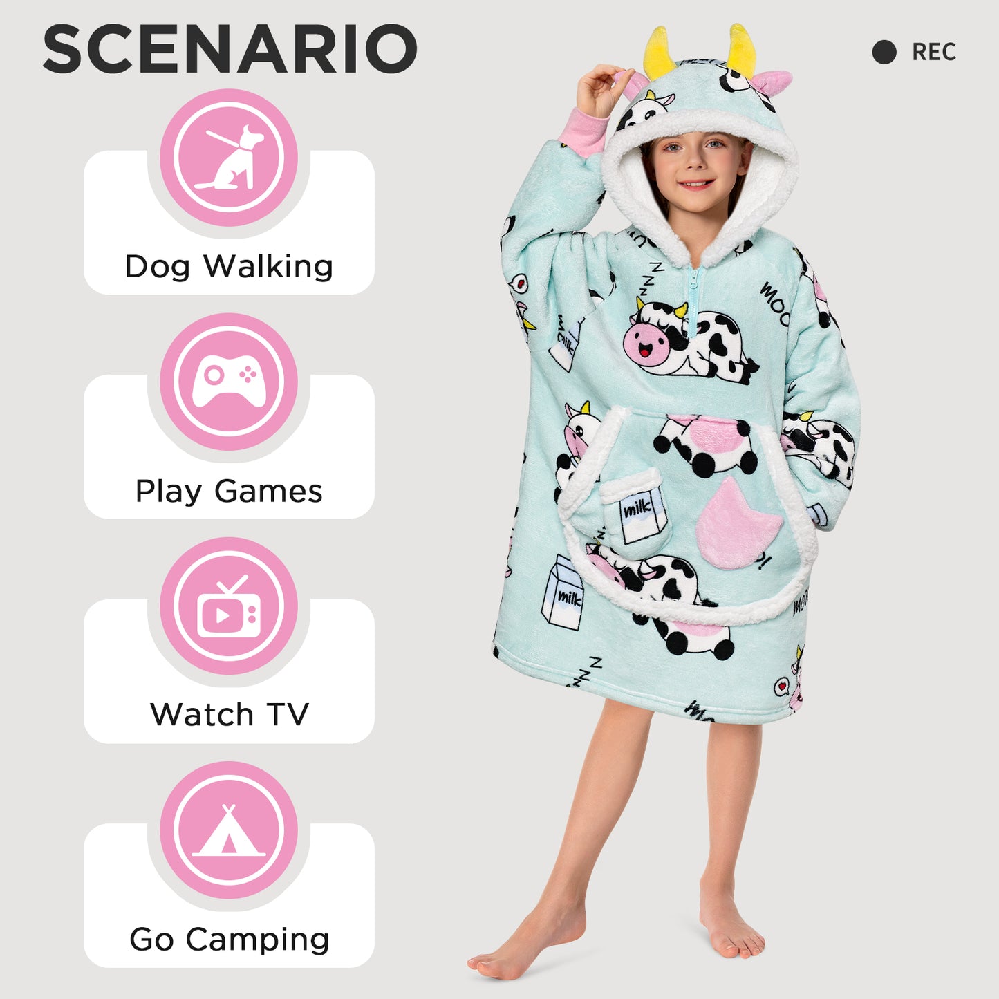 Kids OLAOLA Blue Cow Wearable Blanket Kawaii Cattle Hoodie Animals Onesie Oversized Soft Homewear With Giant Pocket