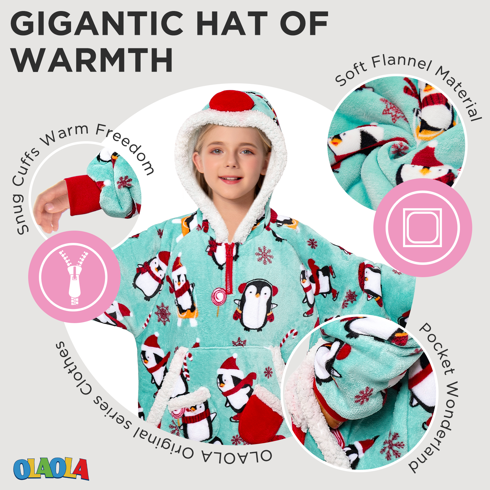 Kids OLAOLA Blue Penguin Printed Wearable Blanket Hoodie Animals Onesie Oversized Soft Homewear With Giant Pocket