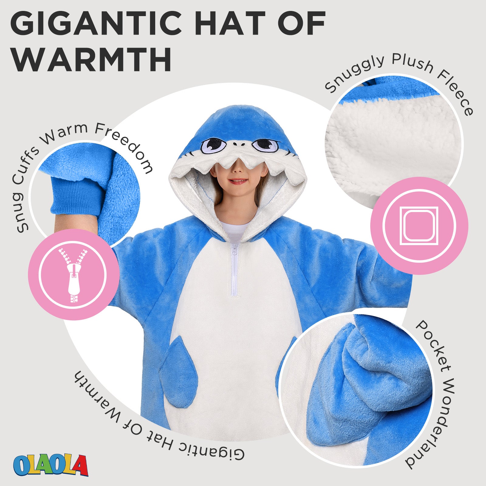 Kids OLAOLA Blue Shark Wearable Blanket Hoodie Animals Onesie Oversized Soft Homewear With Giant Pocket