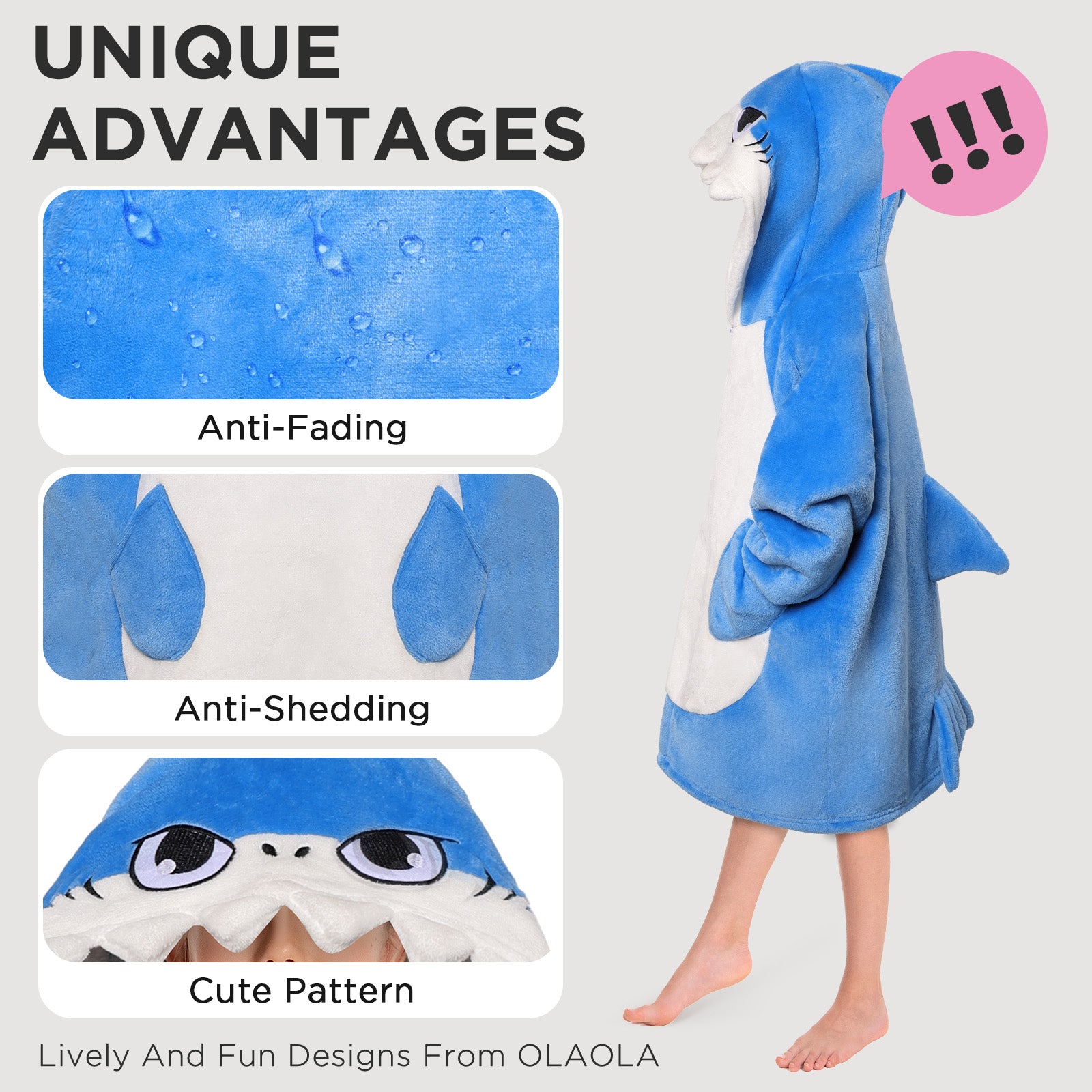 Kids OLAOLA Blue Shark Wearable Blanket Hoodie Animals Onesie Oversized Soft Homewear With Giant Pocket