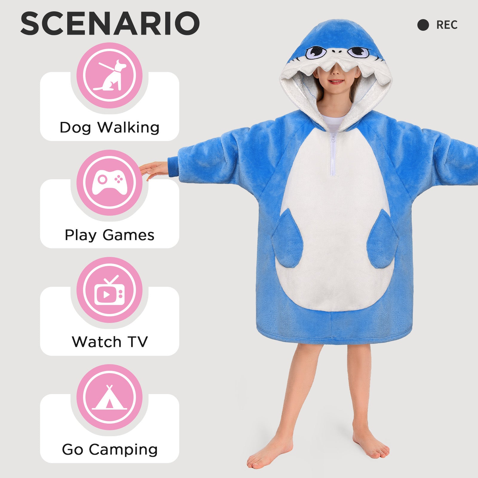 Kids OLAOLA Blue Shark Wearable Blanket Hoodie Animals Onesie Oversized Soft Homewear With Giant Pocket