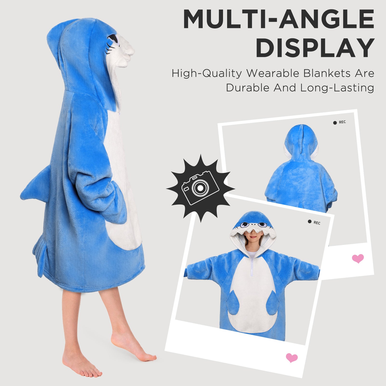 Kids OLAOLA Blue Shark Wearable Blanket Hoodie Animals Onesie Oversized Soft Homewear With Giant Pocket