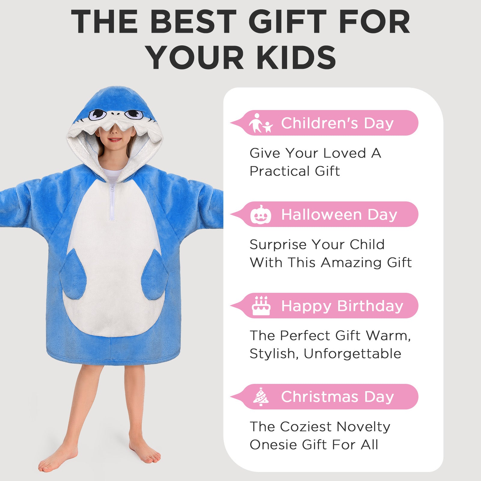 Kids OLAOLA Blue Shark Wearable Blanket Hoodie Animals Onesie Oversized Soft Homewear With Giant Pocket