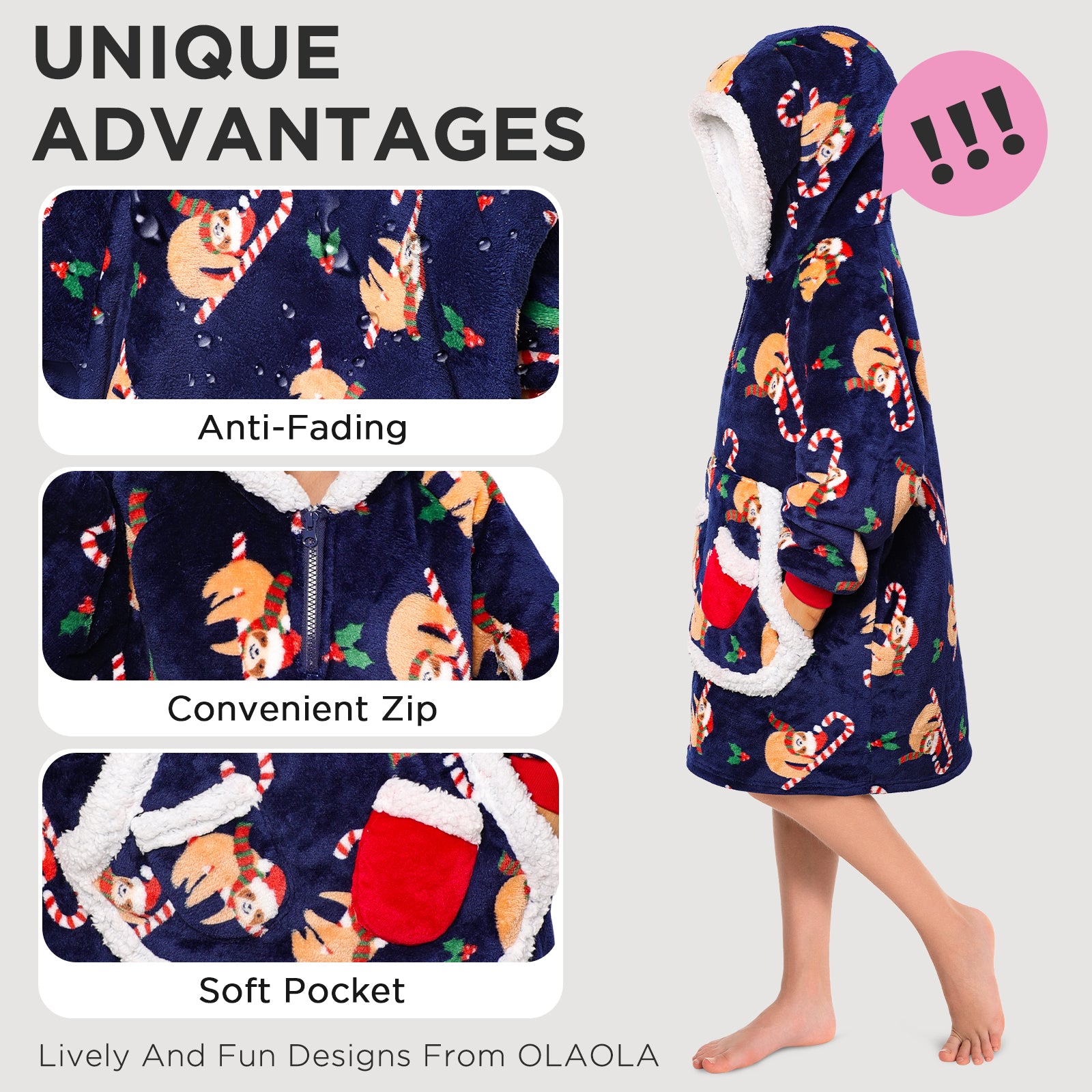 Kids OLAOLA Blue Sloth Printed Wearable Blanket Hoodie Animals Onesie Oversized Soft Homewear With Giant Pocket