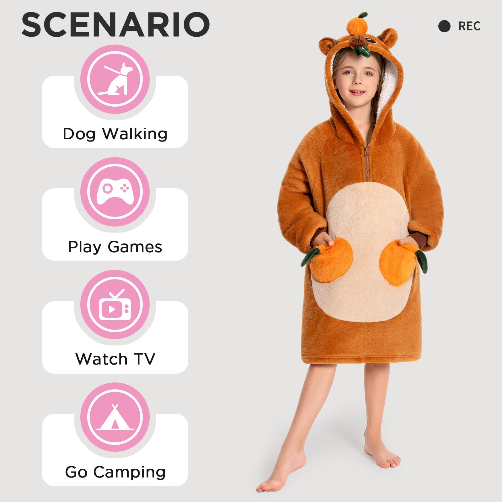 Kids OLAOLA Capybara Wearable Blanket Hoodie Oversized Animal Hooded Blanket Soft Warm Cozy Sherpa Fleece Sweatshirt