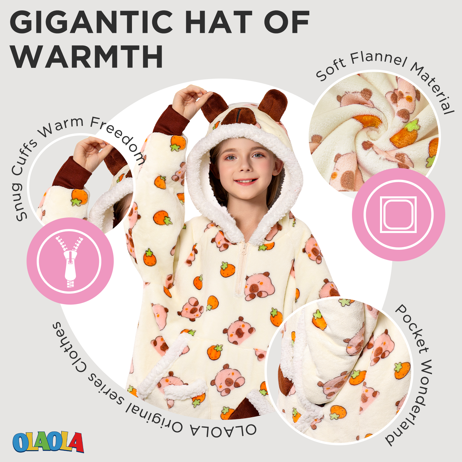 Kids OLAOLA Capybara Yellow Printed Wearable Blanket Hoodie Animals Onesie Oversized Soft Homewear With Giant Pocket