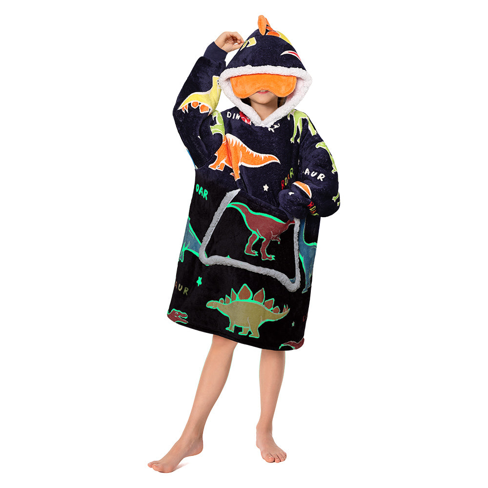 Kids OLAOLA Blue Dinosaur Glow In The Dark Wearable Blanket Hoodie Animals Onesie Soft Oversized Animal Hooded Sweatshirt