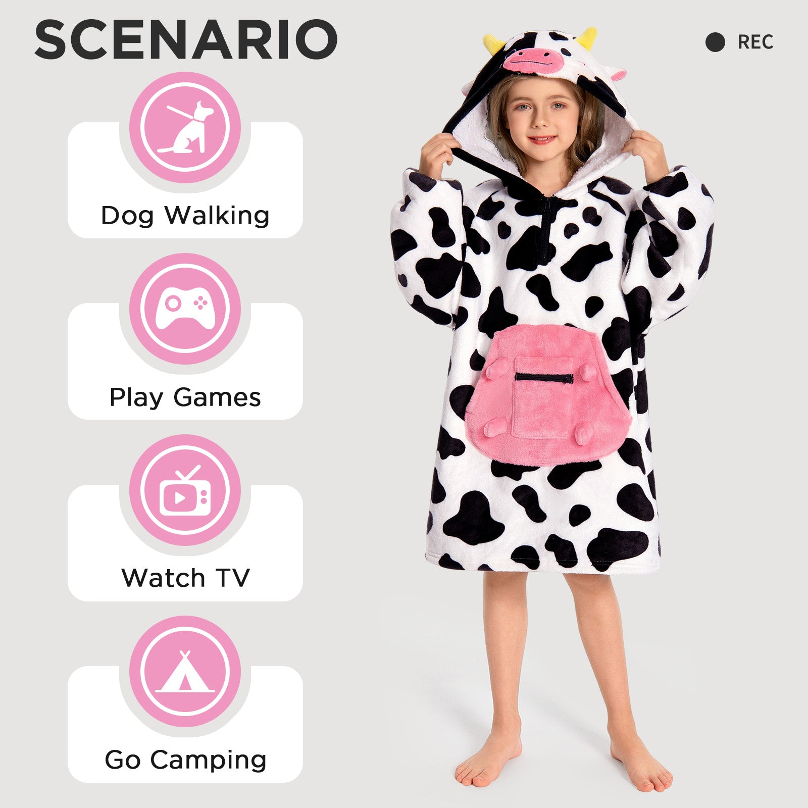 Kids OLAOLA Cow Wearable Blanket Hoodie Animals Onesie Oversized Soft Homewear With Giant Pocket