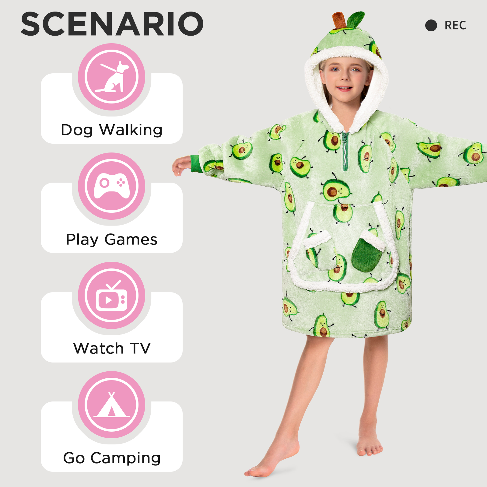 Kids OLAOLA Green Avocado Printed Wearable Blanket Hoodie Oversized Hooded Blanket Thick Sweatshirt With Pockets