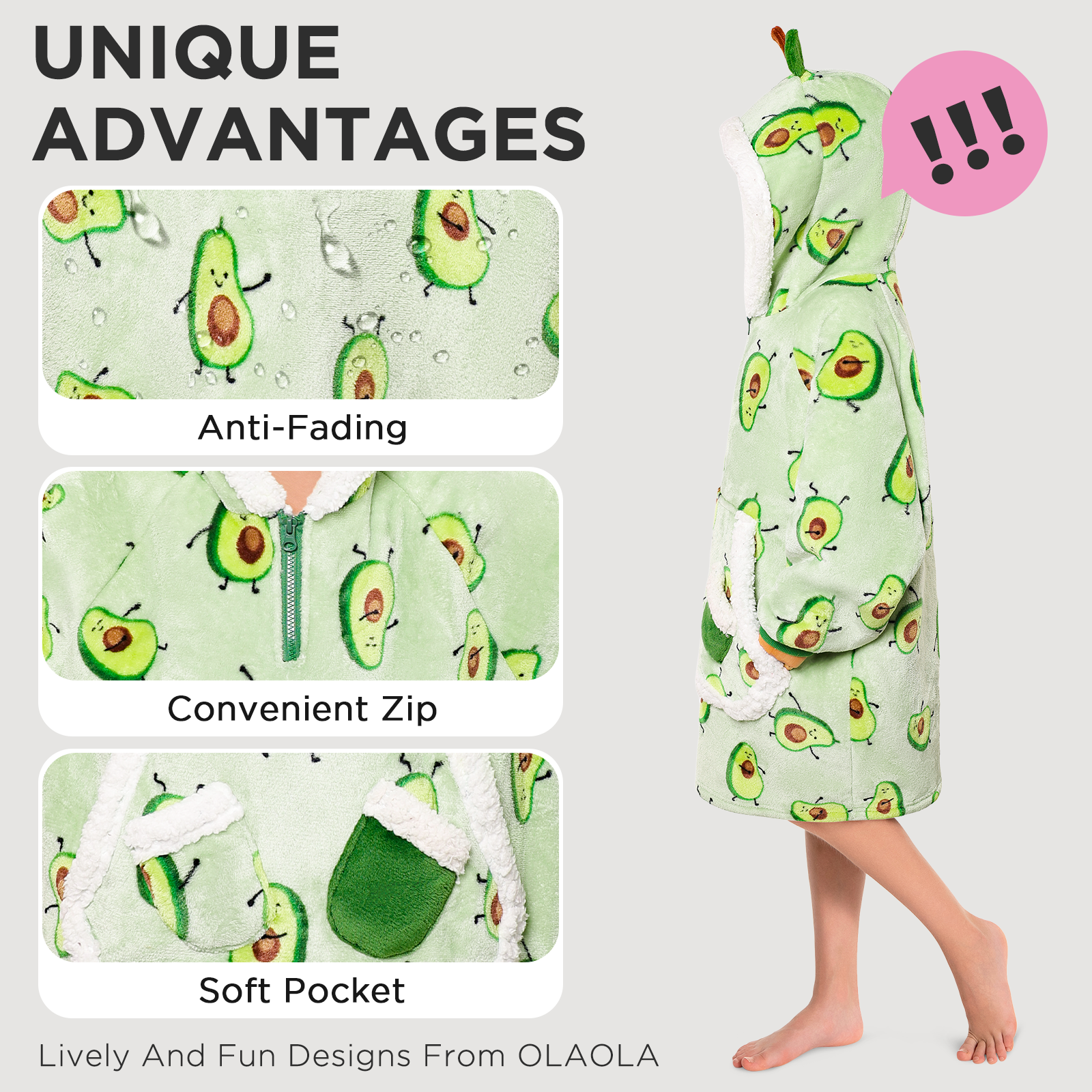 Kids OLAOLA Green Avocado Printed Wearable Blanket Hoodie Oversized Hooded Blanket Thick Sweatshirt With Pockets