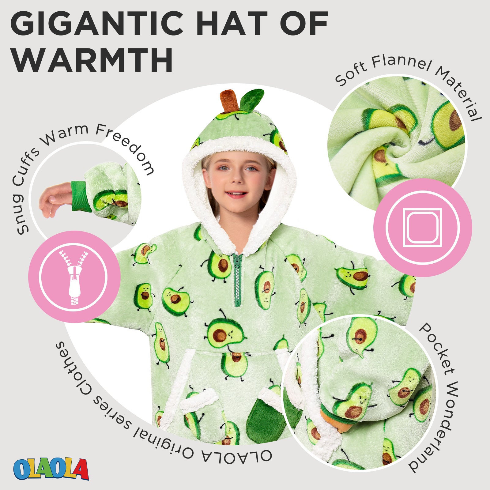 Kids OLAOLA Green Avocado Printed Wearable Blanket Hoodie Oversized Hooded Blanket Thick Sweatshirt With Pockets