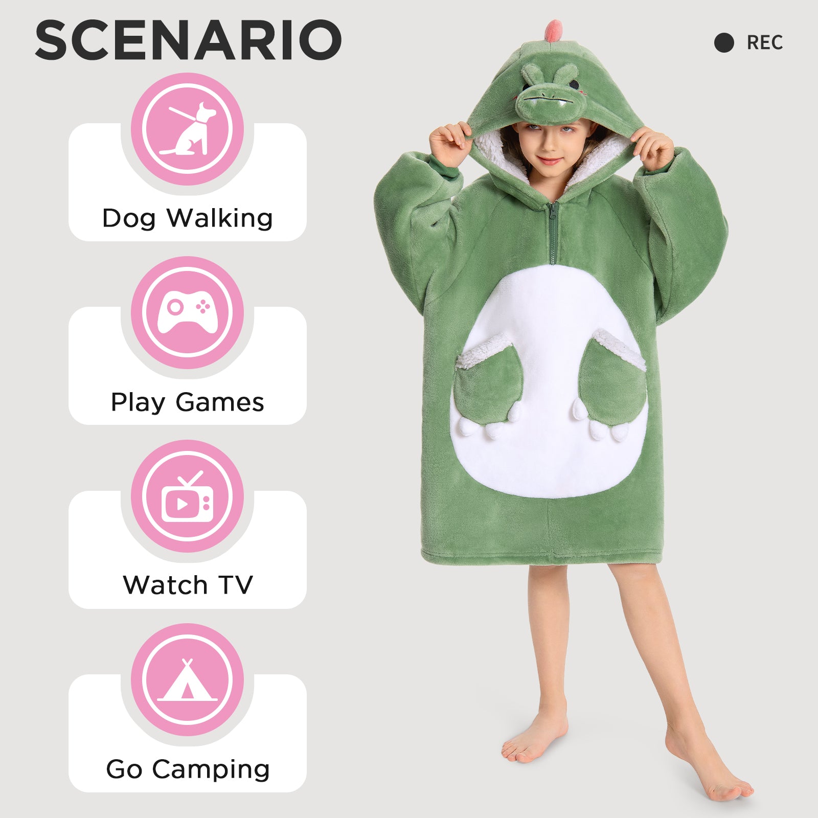 Kids OLAOLA Green Dinosaur Wearable Blanket Hoodie Animals Onesie Oversized Soft Homewear With Giant Pocket