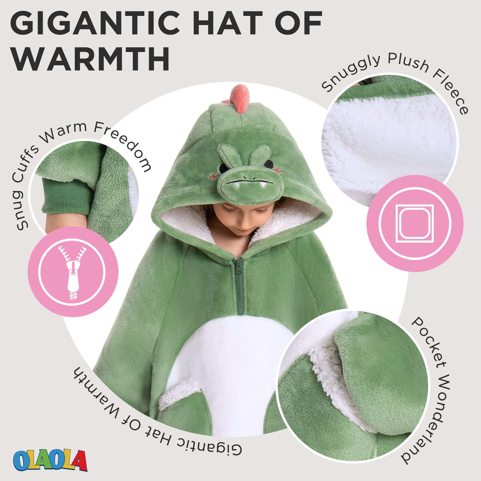 Kids OLAOLA Green Dinosaur Wearable Blanket Hoodie Animals Onesie Oversized Soft Homewear With Giant Pocket