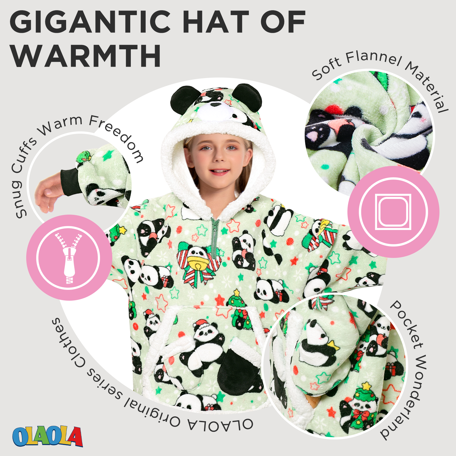 Kids OLAOLA Green Panda Wearable Blanket Hoodie Animals Onesie Oversized Soft Warm Cozy Sherpa Fleece Sweatshirt