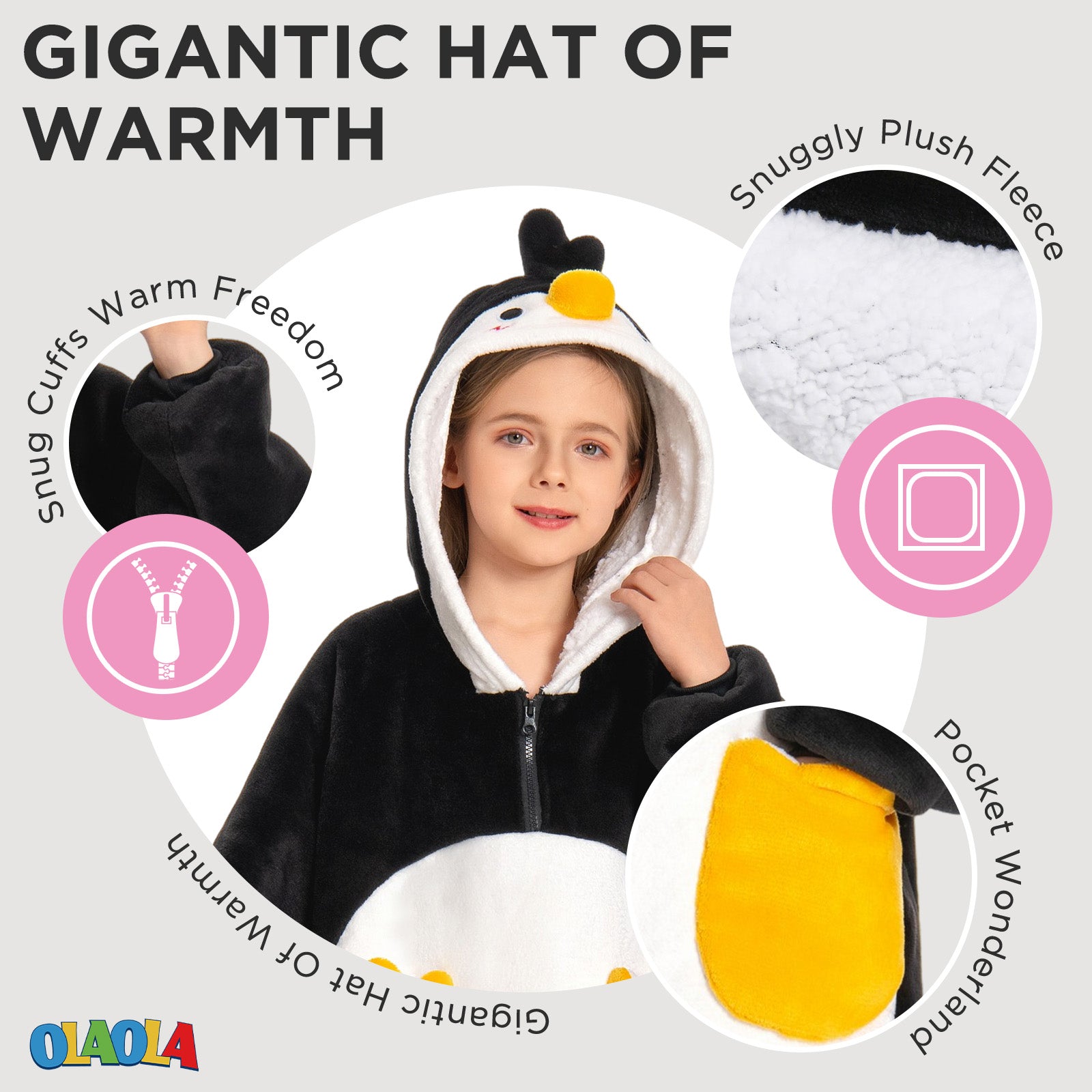 Kids OLAOLA Penguin Wearable Blanket Hoodie Animals Onesie Oversized Soft Homewear With Giant Pocket