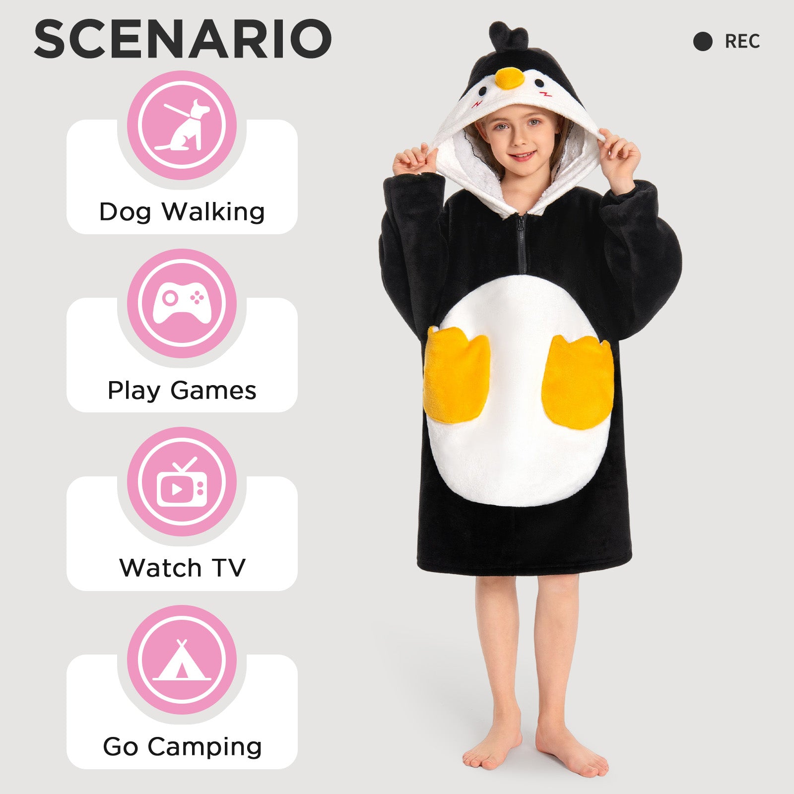 Kids OLAOLA Penguin Wearable Blanket Hoodie Animals Onesie Oversized Soft Homewear With Giant Pocket
